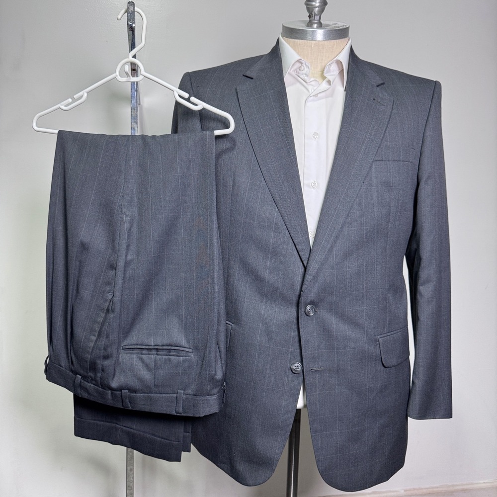 Stafford‎ Suit Mens 46L 36x31 Grey Pinstripe Worsted Wool Blend 2-Button